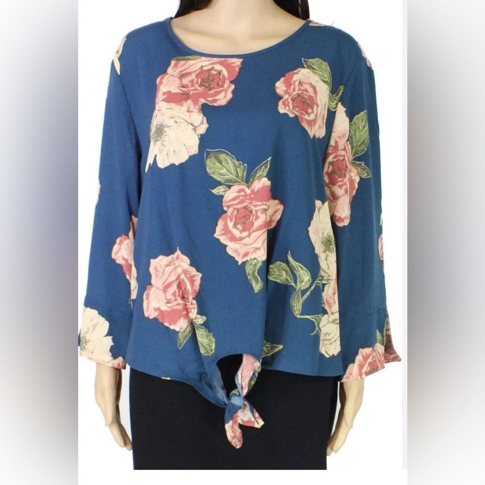 Multiples Teal Blouse with Pink Floral Design 3/4 Sleeve Size Large Like New